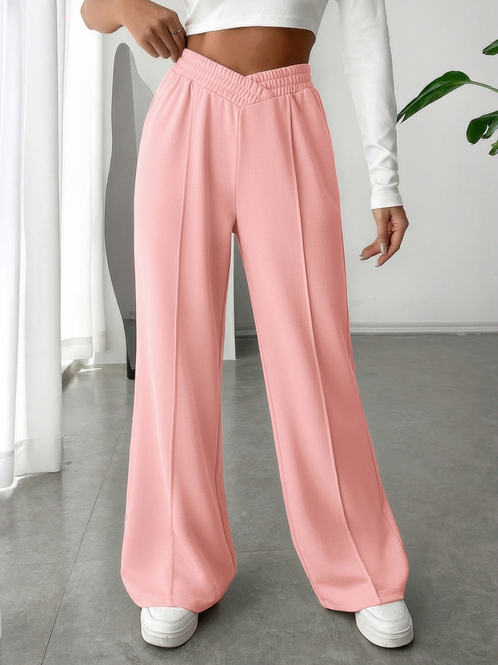 Wide Leg Pink Palazzo Pants - Women's Pull-On Trousers - Picture 3 of 7
